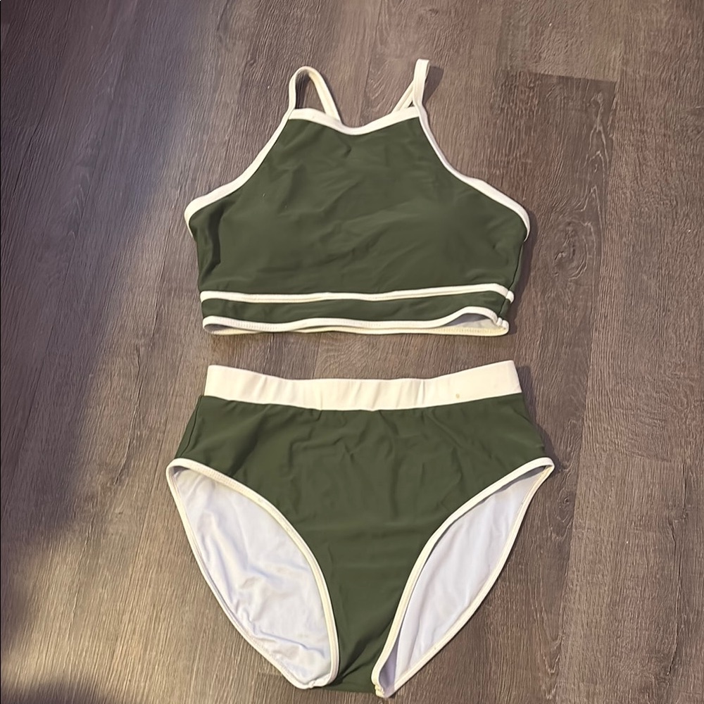Green and White Bikini Set